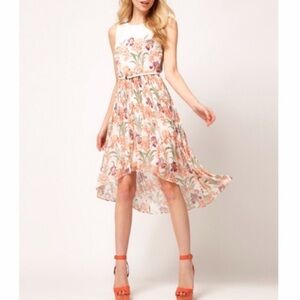 Oasis white & Pink Dloral Pleaded High Low Dress S